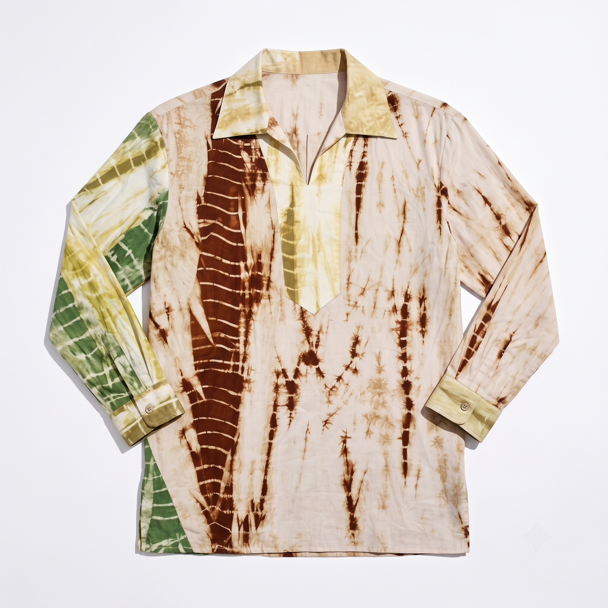 YY Shirt unisex cotton shirt with vertical Shibori tie-dye panels in natural earth tones – view 4