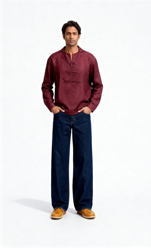 Sabki Maroon unisex cotton linen popover shirt in deep maroon – view 3
