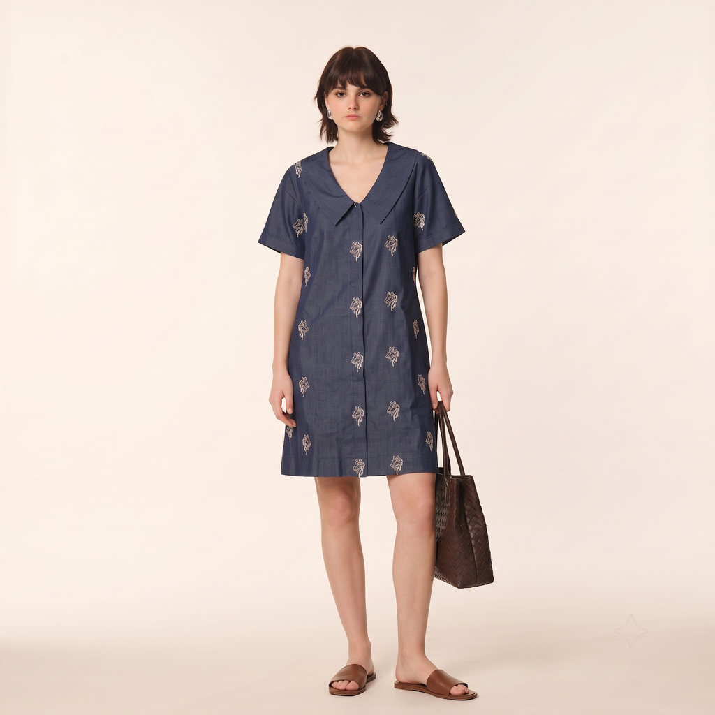 Denim Shift Dress A-line mini dress in indigo denim with contrast sailor collar