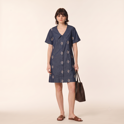 Denim Shift Dress A-line mini dress in indigo denim with contrast sailor collar