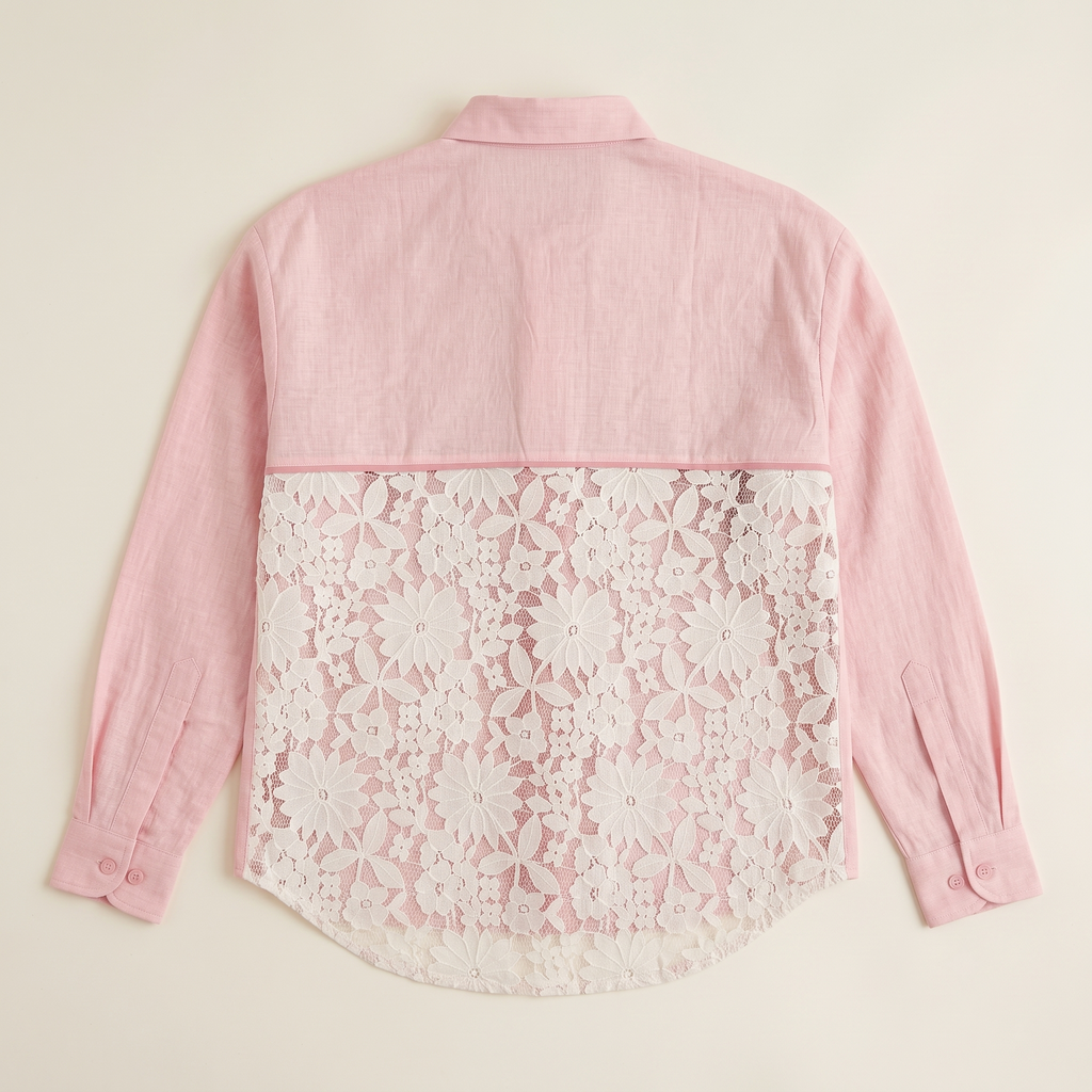 Llover Shirt oversized Khadi cotton tunic in light pink with sheer lace back panel – view 3