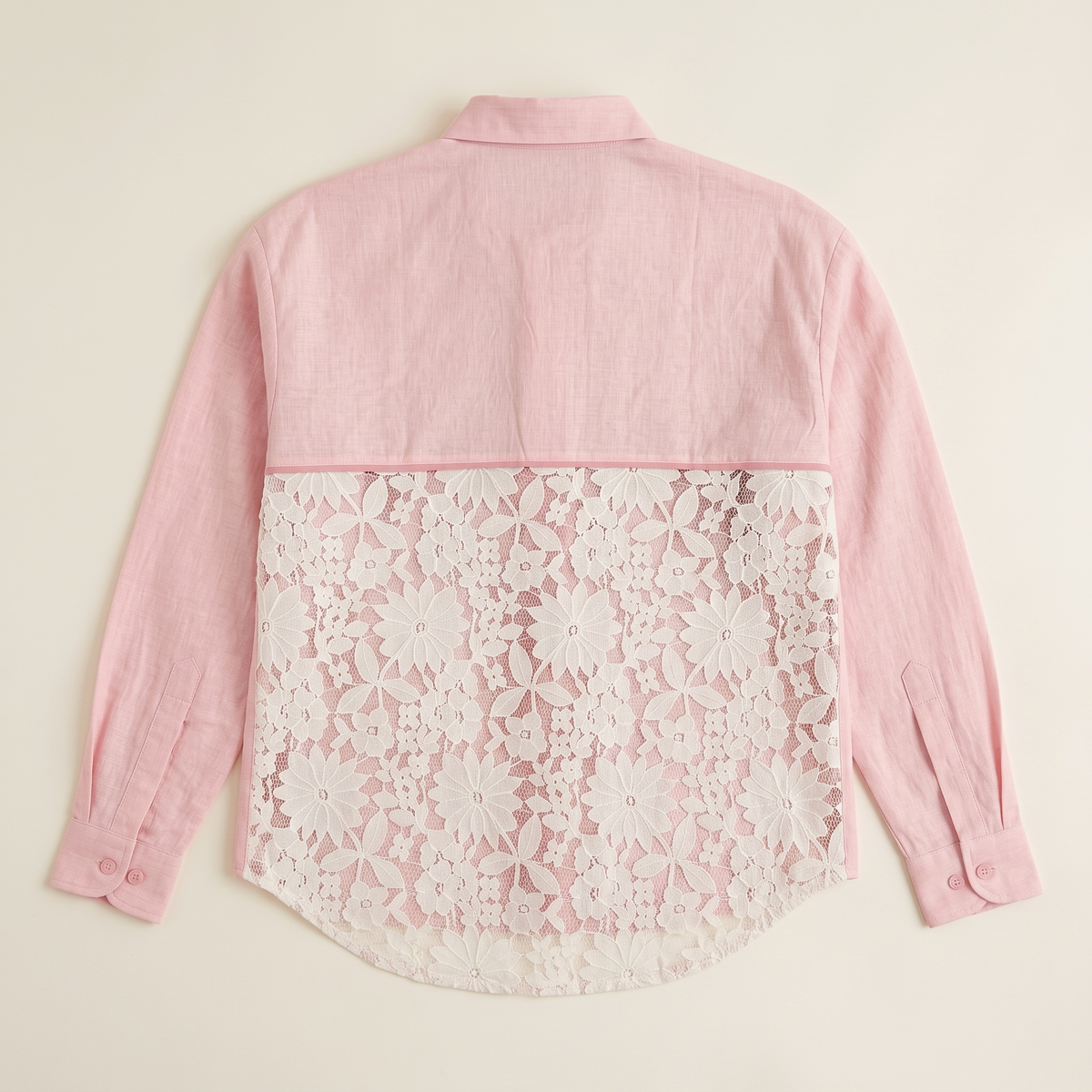 Llover Shirt oversized Khadi cotton tunic in light pink with sheer lace back panel – view 3