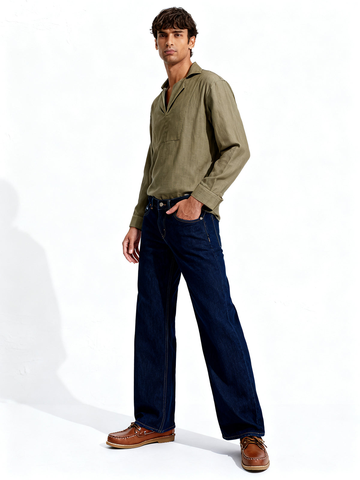 Sabki Olive unisex long-sleeve shirt with layered double collar in olive – view 3