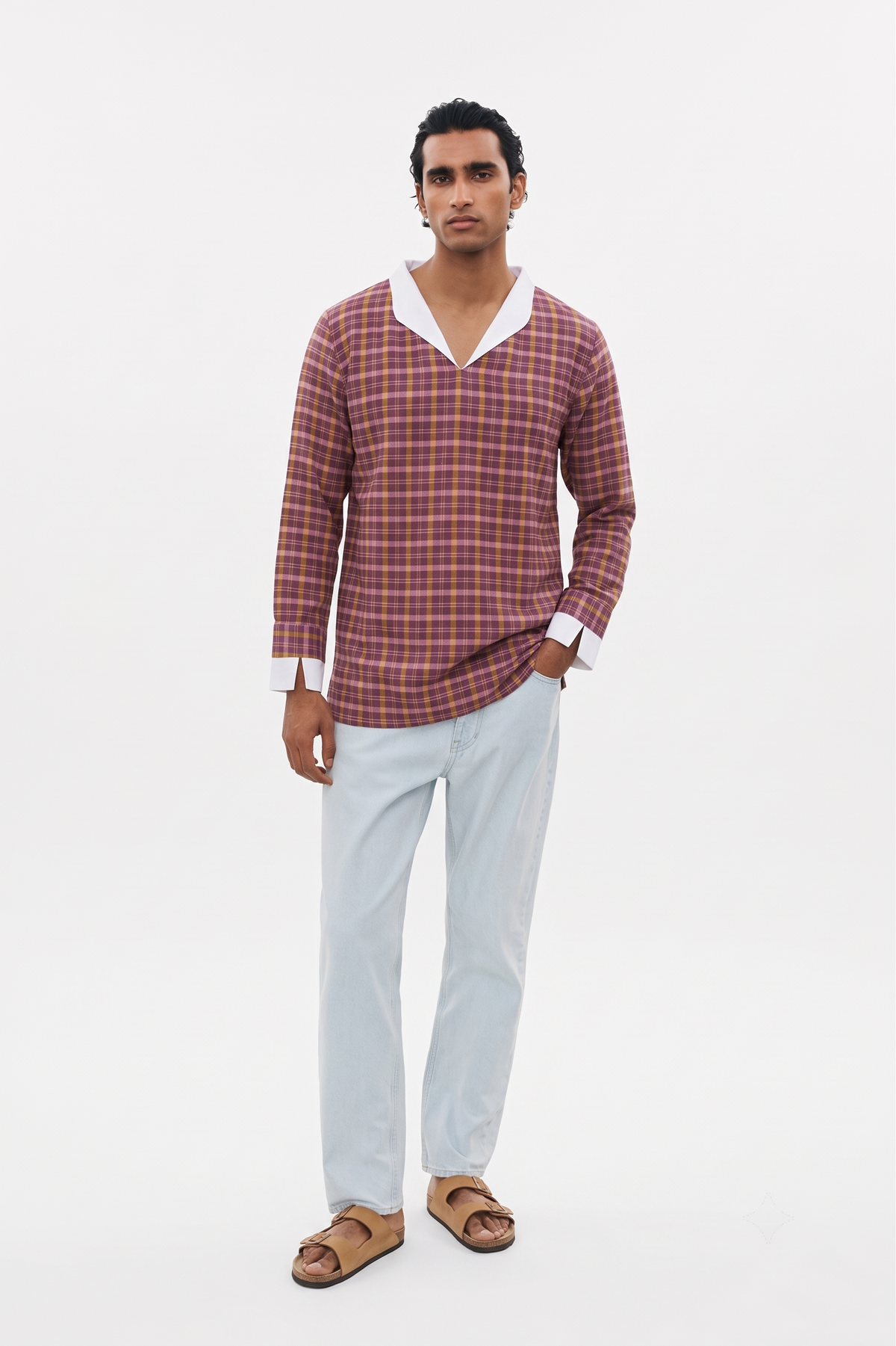 Sabki Madras unisex shirt in multi-check madras plaid Khadi cotton – view 2