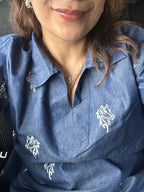 Sabki Denim relaxed tunic shirt in indigo denim with white horse motif embroidery – view 4