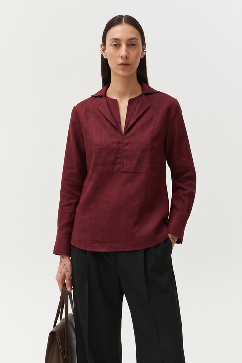 Sabki Maroon unisex cotton linen popover shirt in deep maroon