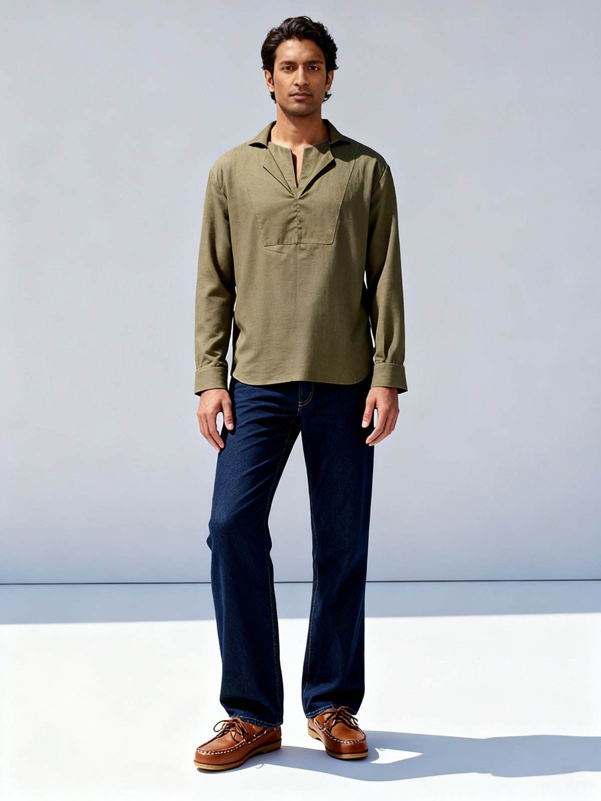 Sabki Olive unisex long-sleeve shirt with layered double collar in olive