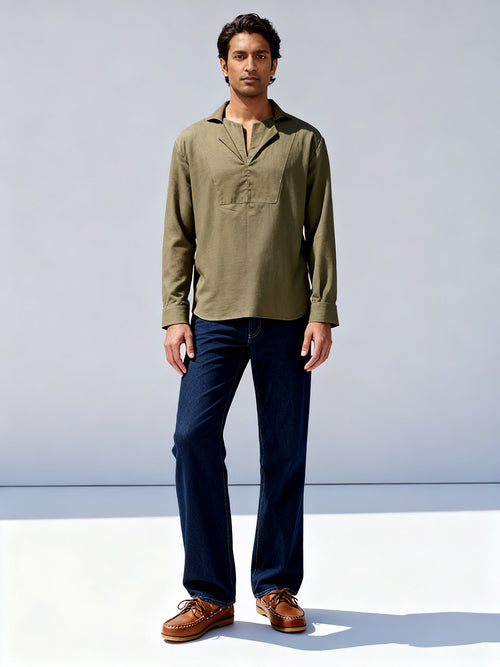 Sabki Olive unisex long-sleeve shirt with layered double collar in olive