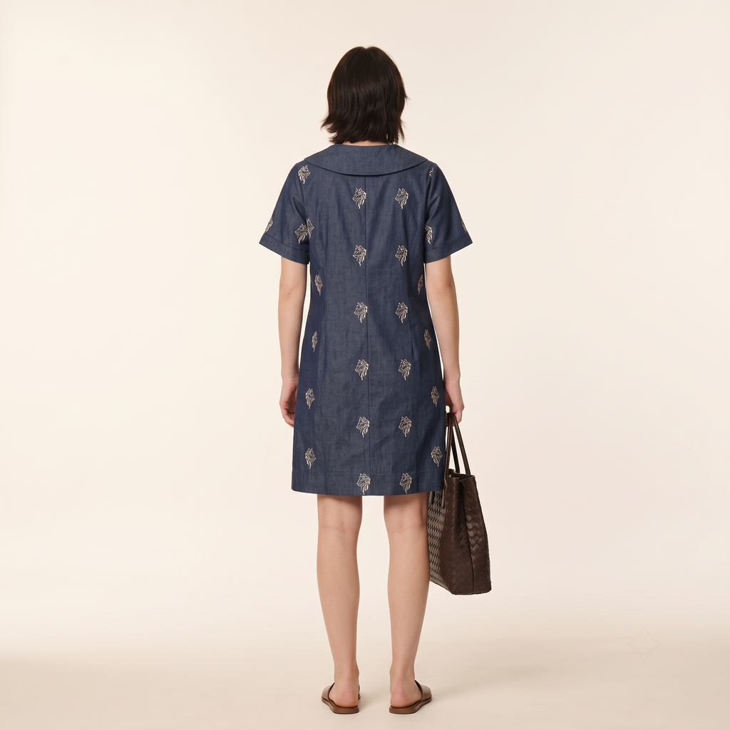 Denim Shift Dress A-line mini dress in indigo denim with contrast sailor collar – view 2