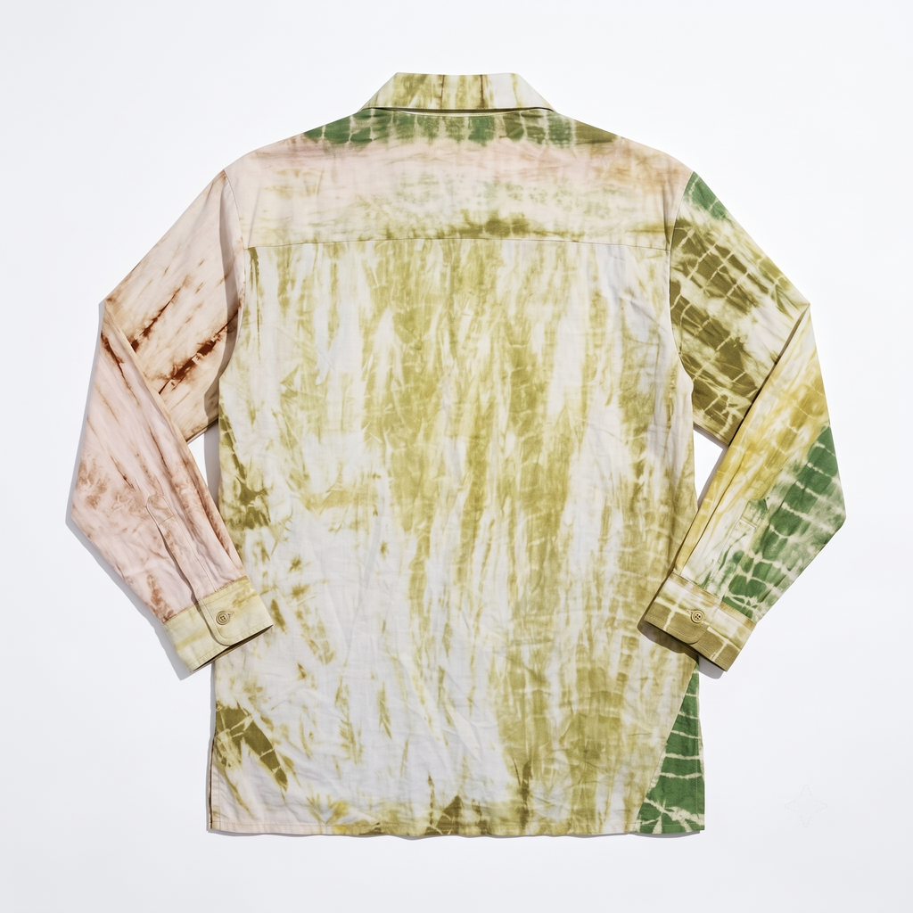 YY Shirt unisex cotton shirt with vertical Shibori tie-dye panels in natural earth tones – view 3