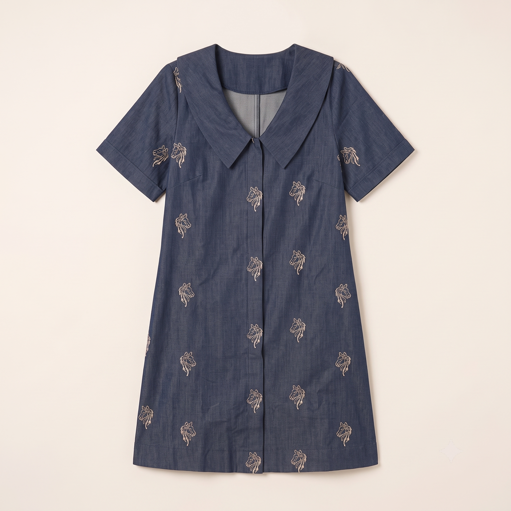 Denim Shift Dress A-line mini dress in indigo denim with contrast sailor collar – view 3