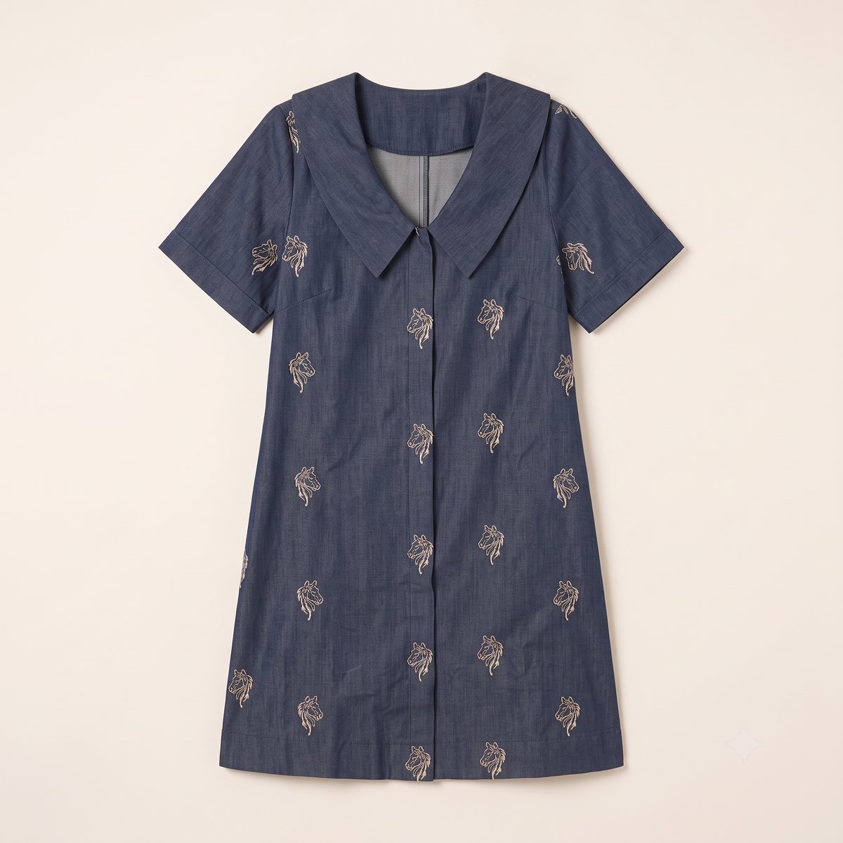 Denim Shift Dress A-line mini dress in indigo denim with contrast sailor collar – view 3