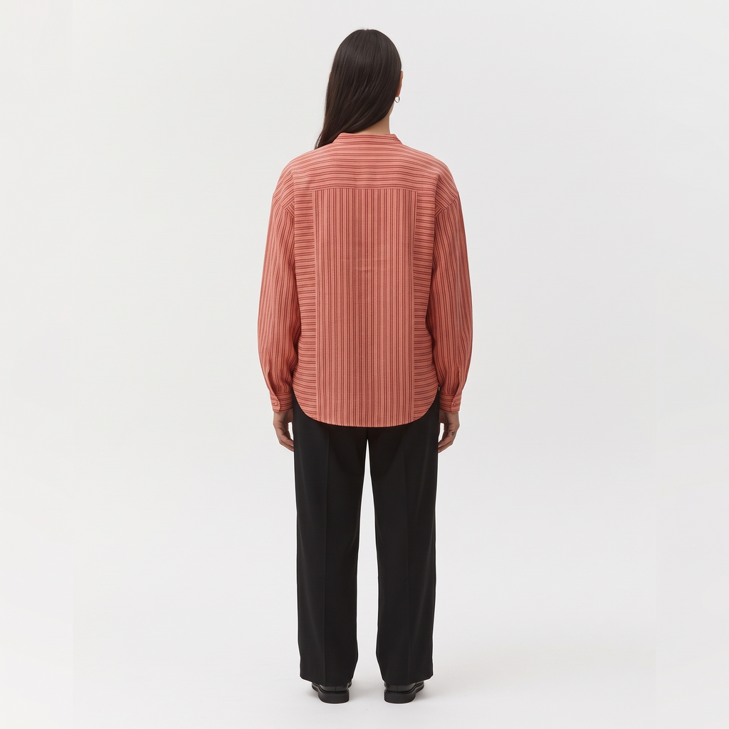 Sabki Striped oversized Khadi cotton shirt with multi-tone dark pink vertical stripes – view 2