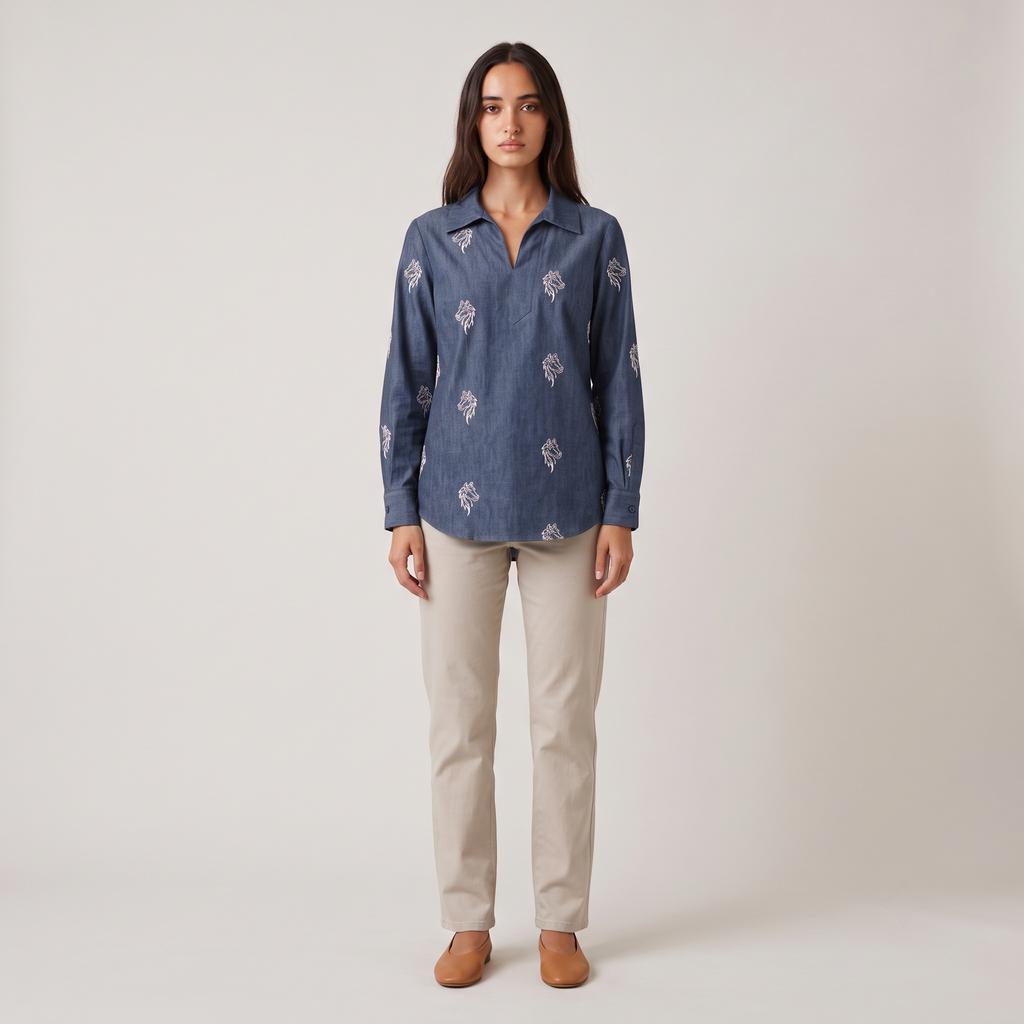 Sabki Denim relaxed tunic shirt in indigo denim with white horse motif embroidery