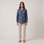 Sabki Denim relaxed tunic shirt in indigo denim with white horse motif embroidery