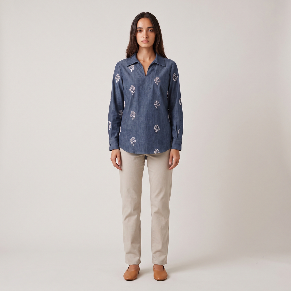Sabki Denim relaxed tunic shirt in indigo denim with white horse motif embroidery