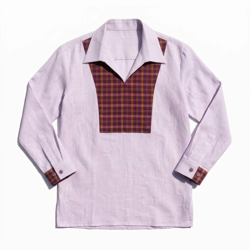 Sabki Duo Khadi cotton shirt in soft rose pink with contrast Madras check bib panel – view 3