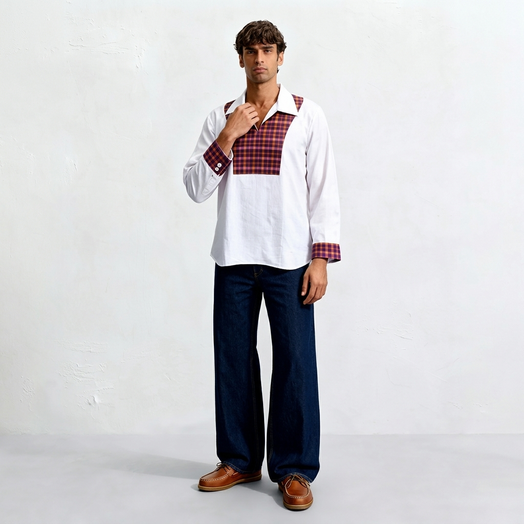 Sabki Duo Khadi cotton shirt in soft rose pink with contrast Madras check bib panel