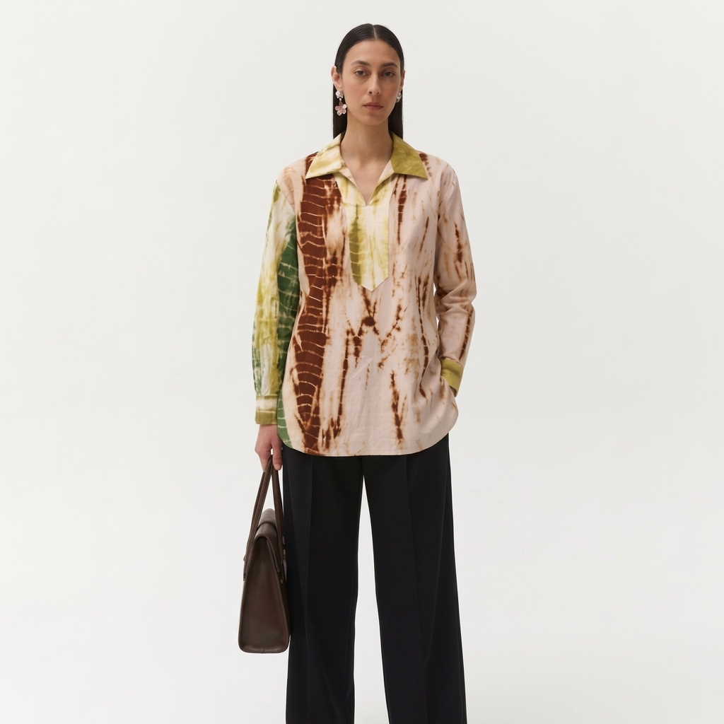 YY Shirt unisex cotton shirt with vertical Shibori tie-dye panels in natural earth tones