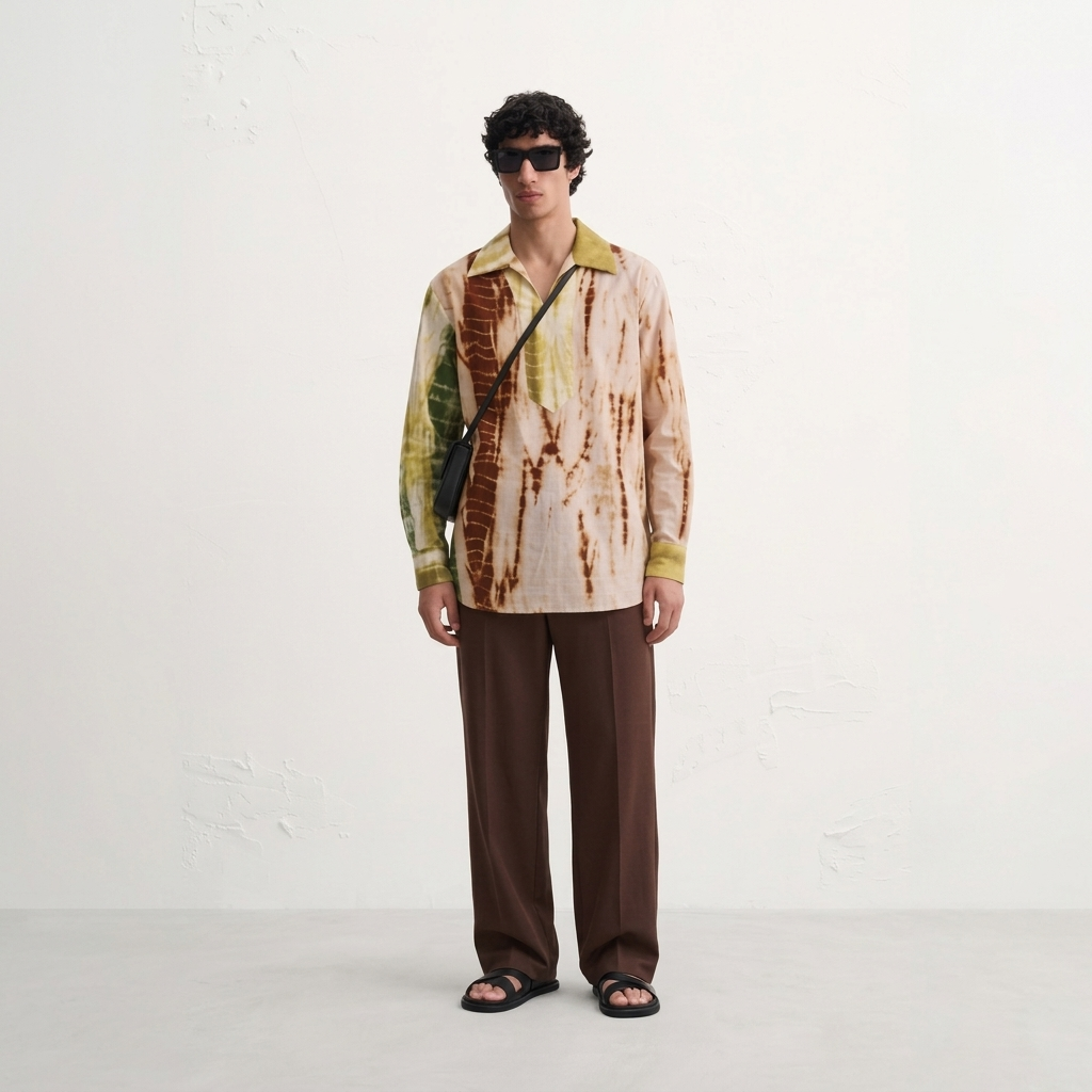 YY Shirt unisex cotton shirt with vertical Shibori tie-dye panels in natural earth tones – view 2