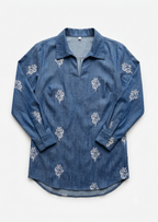 Sabki Denim relaxed tunic shirt in indigo denim with white horse motif embroidery – view 2