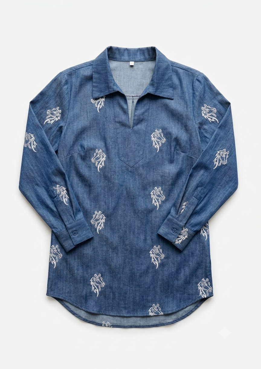 Sabki Denim relaxed tunic shirt in indigo denim with white horse motif embroidery – view 2