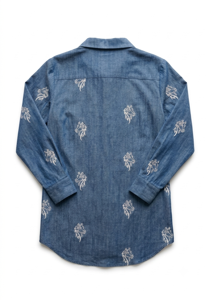 Sabki Denim relaxed tunic shirt in indigo denim with white horse motif embroidery – view 3